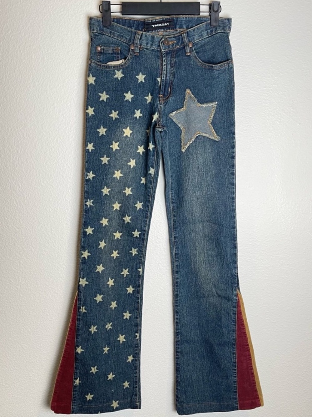 Y2K Vintage Low Rise Flare Jeans Size 26 Star Patch Festival Boho Rodeo Western